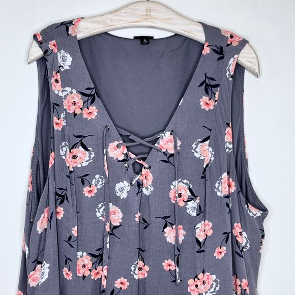 Torrid Women Floral Trapeze Swing Mini Dress Size 4 Gray Pink Lace Up Neck 4X - Picture 3 of 7
